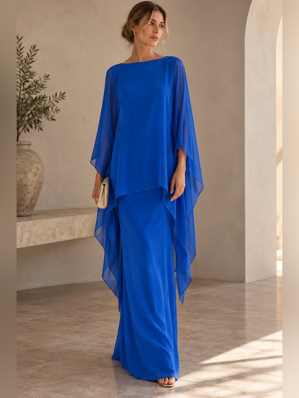 Elegant Royal Blue Maxi Dress with Sheer Cape
